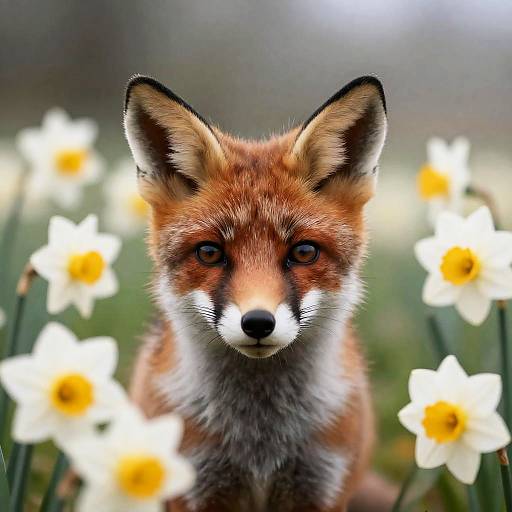 Hyperrealistic Baby Fox in Daffodil Meadow