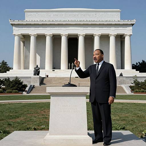 Photograph of African American man in black suit, white shirt, and tie, speaking at Supreme Court podium, in front of the white neoclass