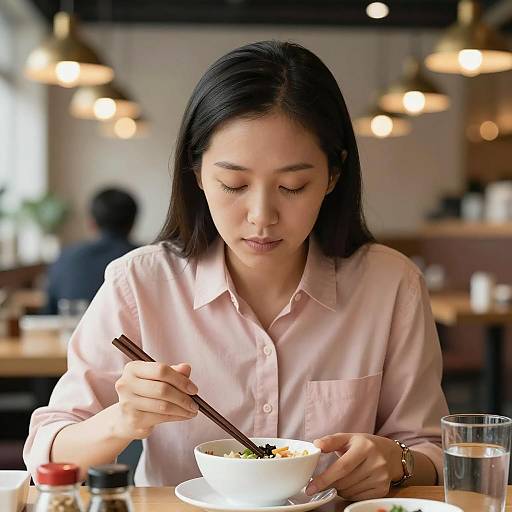 Asian Woman Eating with Chopsticks in Restaurant