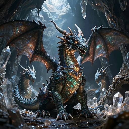 Digital artwork of a glowing, blue-scaled dragon with iridescent wings and sharp spikes, standing amidst a crystalline cave illuminated by ethereal light