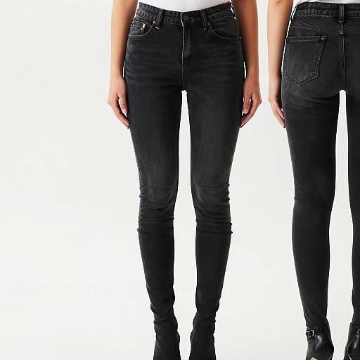 Photograph of two women from the waist down, wearing black denim jeans, white tops, and black shoes, against a white background.