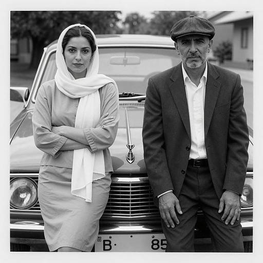 Vintage Black and White Portrait with Car