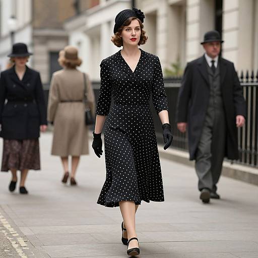 Photograph of a 1940s-style woman in a black polka dot dress, black hat, gloves, and shoes, walking on an urban