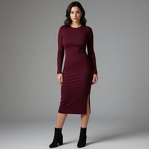 Photograph of a dark-haired woman in a fitted, long-sleeve, burgundy knee-length dress and black ankle boots, standing against a plain