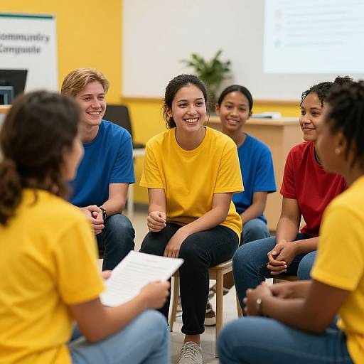 Photograph of diverse group of young women, wearing yellow and blue shirts, smiling and seated in a bright classroom, engaged in conversation.