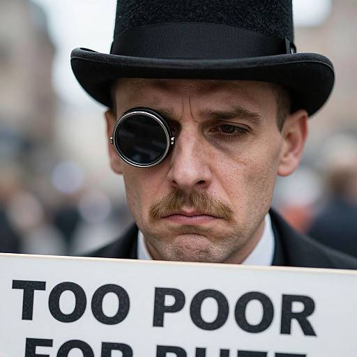 Photograph of a serious white man with an eye patch, black hat, and mustache, holding a sign reading 