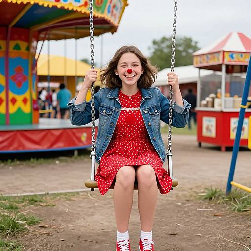 Photograph of a smiling young woman with fair skin and brown hair, wearing a red polka dot dress, denim jacket, and red shoes, sitting