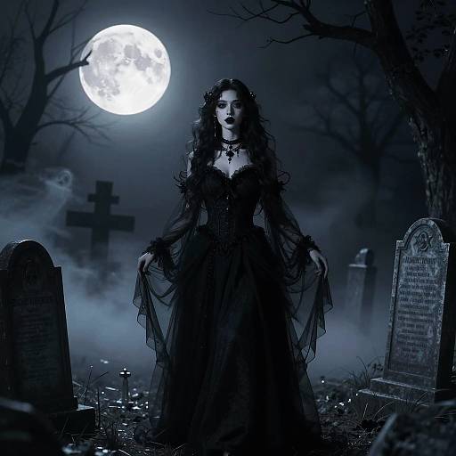 Mystical Woman in Black Gown at Moonlit Graveyard
