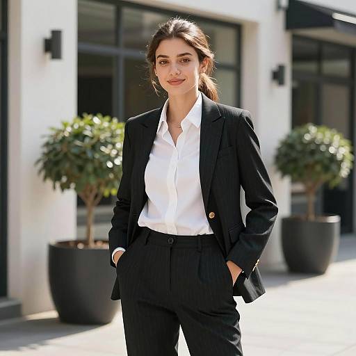Confident Woman in Black Pinstripe Suit
