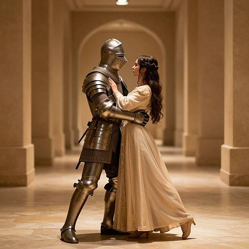 Photograph of a medieval knight in shiny armor and a woman in a flowing white gown, standing closely in a warm-lit, grand hallway, holding