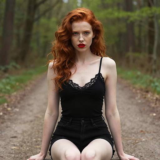 Photograph of a pale-skinned, red-haired woman with wavy hair, wearing a black lace-trimmed camisole and shorts, sitting
