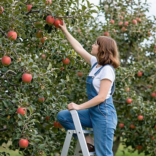 Photograph of a brown-haired woman in denim overalls and white shirt, climbing a ladder to pick apples from a lush apple tree.