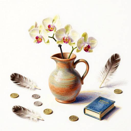 Whimsical Still Life with Clay Pitcher and Orchids