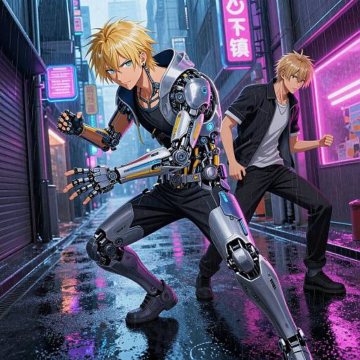 Digital anime artwork of two blonde men in a neon-lit, rain-soaked alley; one with cybernetic arms and legs, the other in