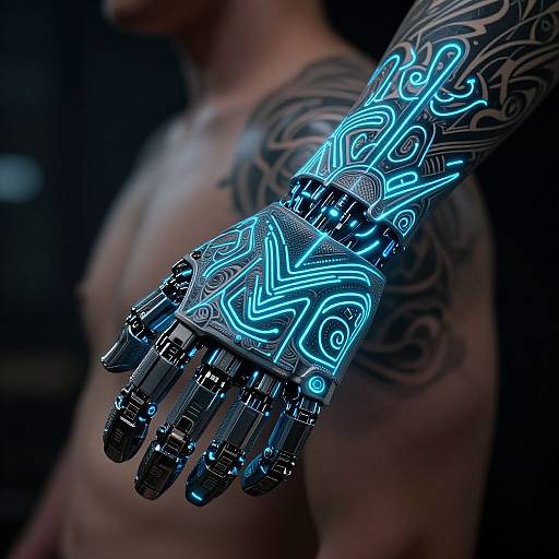 Photograph of a tattooed, shirtless man with a glowing, cybernetic hand featuring intricate blue neon patterns against a dark background.