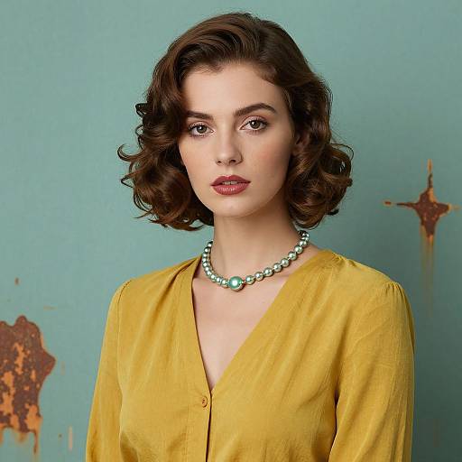 Photograph of a fair-skinned woman with short, curly brown hair, wearing a yellow blouse and a green pearl necklace, against a teal, distressed
