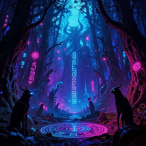 Digital artwork: Neon-lit, blue and pink forest with glowing symbols, horned creatures, and intricate circular patterns on the forest floor.