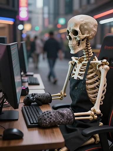 Skeleton Gamer in Cyberpunk Setting