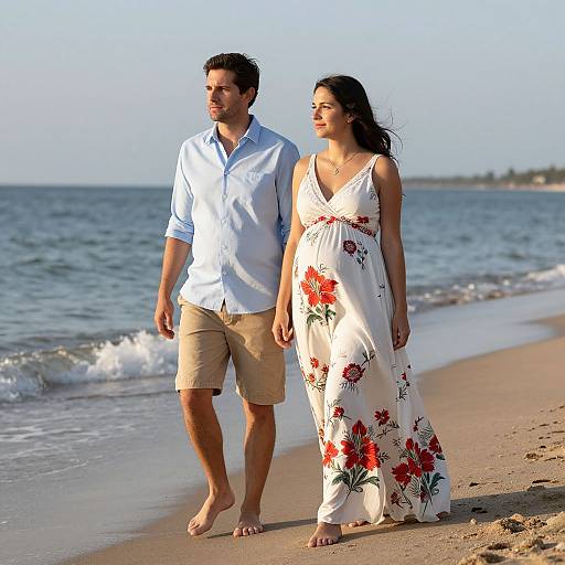 Photograph of a couple walking barefoot on a sunny beach; man in light blue shirt and beige shorts, woman in white floral dress.