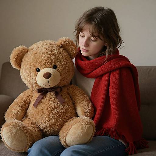 Photograph of a young girl with brown hair, wearing a red scarf and blue jeans, sitting on a brown couch beside a large, fluffy brown ted