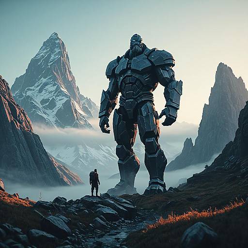 Ancient Stone Titan Amid Mountain Peaks