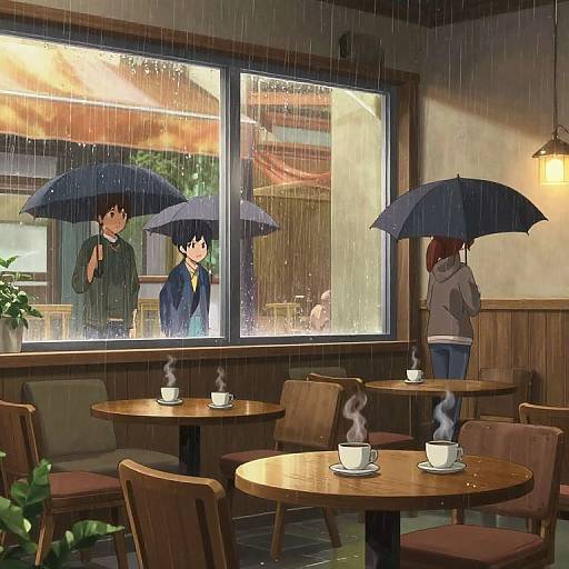 Digital anime-style drawing of a rainy café. Three characters hold umbrellas outside; two inside wear school uniforms, one in a hoodie. Wooden tables,