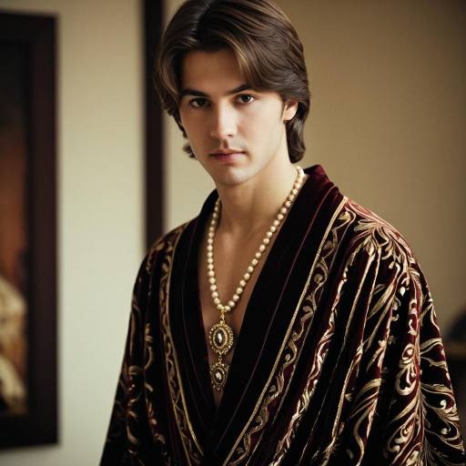 Man in Ornate Casanova-Style Robe with Pearl Necklace