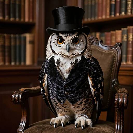 Photograph of a wise owl wearing a black top hat and vest, perched on an ornate wooden chair in a library.