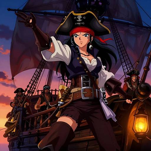 Digital anime-style pirate ship battle scene: fierce female pirate with red headscarf, black tricorn hat, white blouse, black vest, and gloves