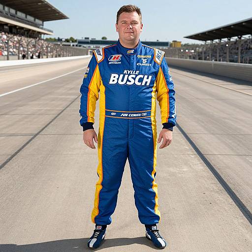 Photograph of a middle-aged male race car driver in a blue and yellow Kuhl Busch racing suit, standing on a racetrack.