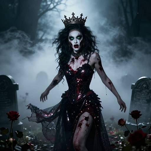 Digital art of a pale, blood-stained, dark-haired queen in a tattered black dress, crowned, standing amidst foggy graveyard with tombstones