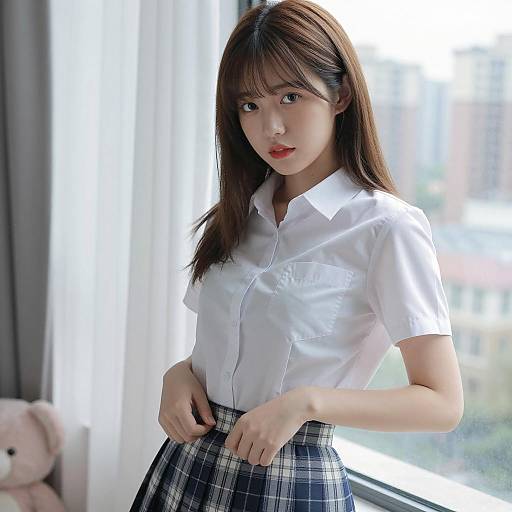 Asian Woman in School Uniform Indoors