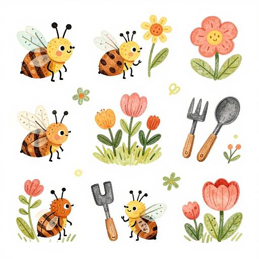 Watercolor illustration of cute, cartoon bees with black and yellow stripes, surrounded by colorful flowers, gardening tools, and small green clovers.