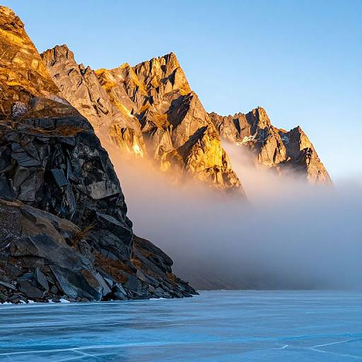 Photograph of rugged, sunlit mountains with golden hues, shrouded in mist, overlooking a calm, icy blue sea at sunrise.