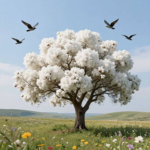 Solitary Tree Among Puffball Clouds