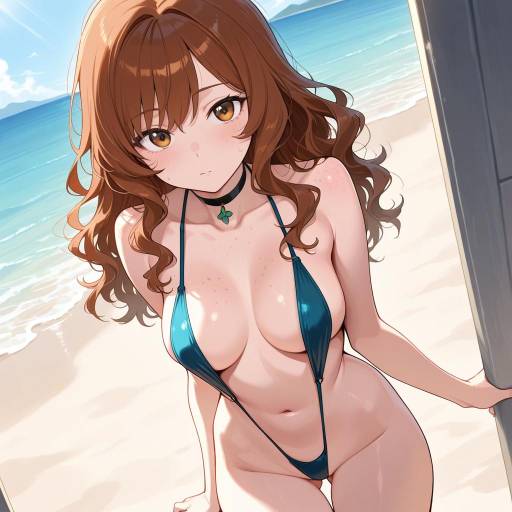 Young Woman in Tropical Print Swimsuit at Beach
