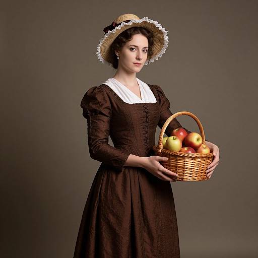 Photograph of a fair-skinned woman in a Victorian-style brown dress with white collar, straw hat, holding a wicker basket of apples against a