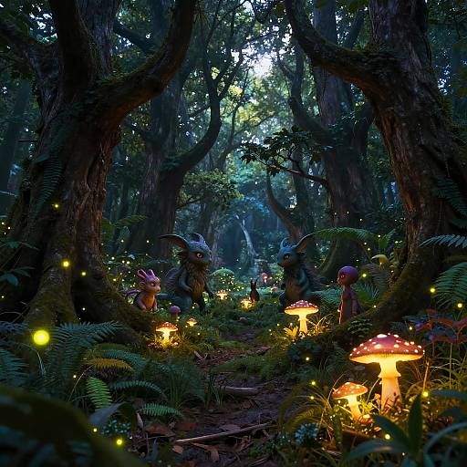 Fantastical forest scene with glowing fireflies, whimsical fairy-like creatures, and illuminated red mushrooms under a dark, enchanted woodland canopy.