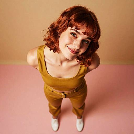 Playful Copper Bob, Warm Honey-Olive Smile