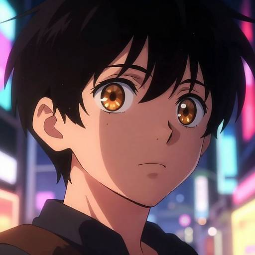 Anime-style digital illustration of a young boy with large, amber eyes and black hair, looking serious against a vibrant, neon-lit urban background.