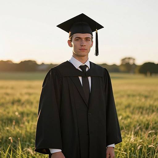 Photograph of a young Caucasian man in black graduation gown and cap, standing in a sunlit grassy field at sunset.