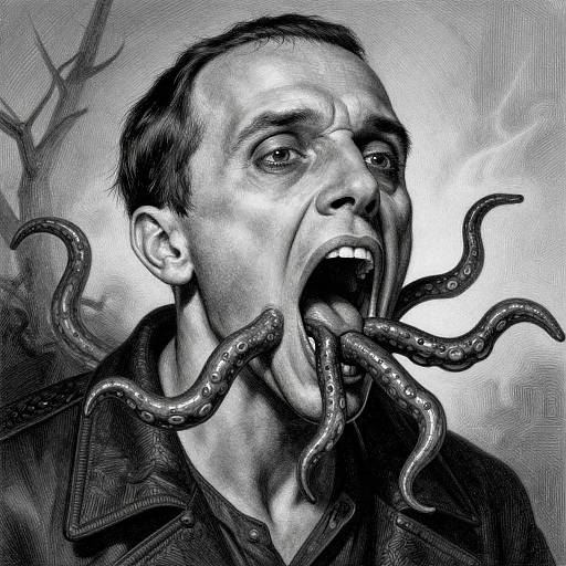 Black-and-white digital drawing of a horrified man with tentacles emerging from his mouth, wearing a jacket, against a textured background.