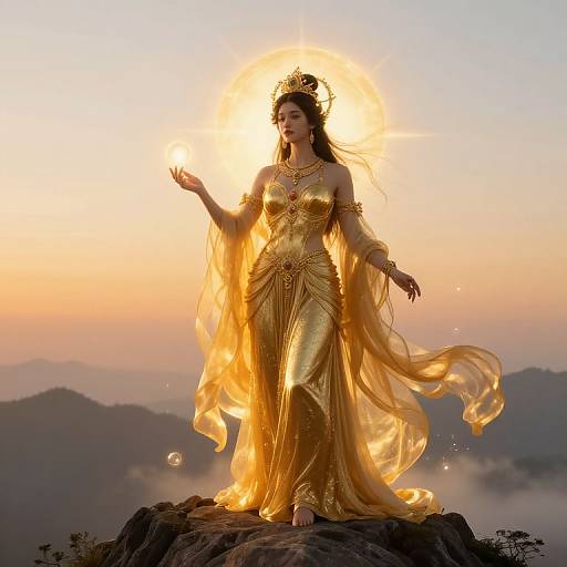 Photograph of a serene woman in a golden, flowing dress with a glowing halo, standing on a mountain peak at sunset.