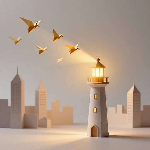 Photorealistic CGI: lit lighthouse with glowing light, surrounded by paper airplanes flying, set against a soft, pastel cityscape background.