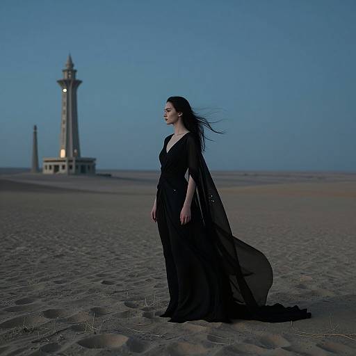 Photograph of a pale-skinned woman with long black hair in a flowing black dress standing in a desert, facing left, with a tall, illuminated