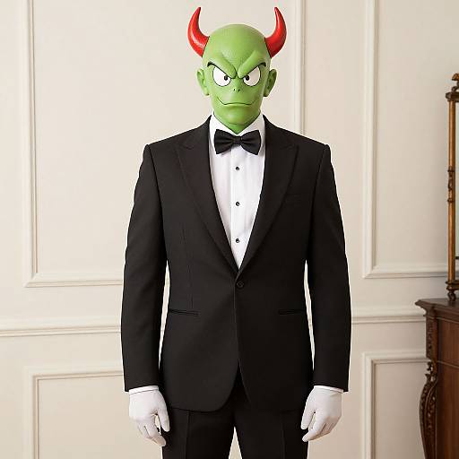 CGI image of a green-skinned demon with red horns, wearing a black tuxedo with white gloves and bowtie, standing in a white