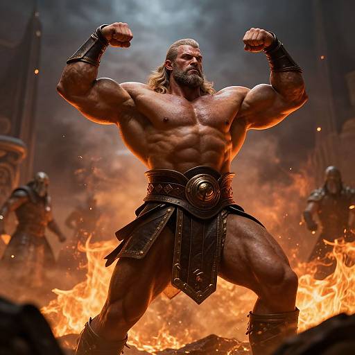 Photograph-style digital artwork of a muscular, bearded man with long hair, flexing arms, wearing leather armor, standing amid fiery chaos with other
