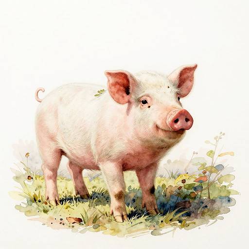 Victorian Vintage Watercolor Piglet Portrait