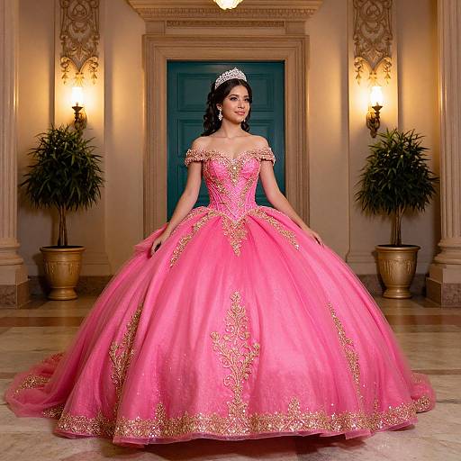 Photograph of a beautiful woman with dark hair, wearing a sparkling pink ball gown with gold embroidery, tiara, standing in an elegant, warmly lit