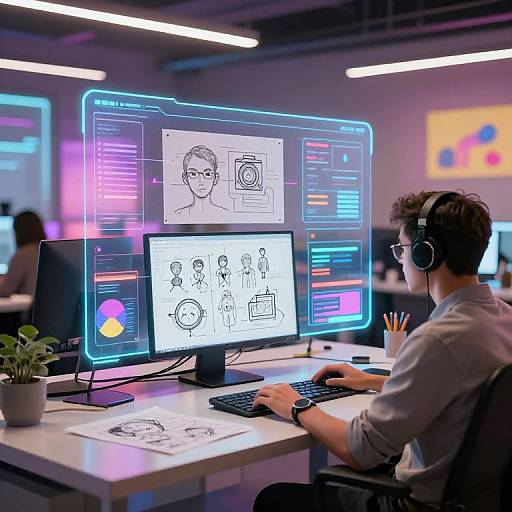 Photograph of a young man with headphones, wearing glasses, working on a futuristic, neon-lit computer setup in a modern office.